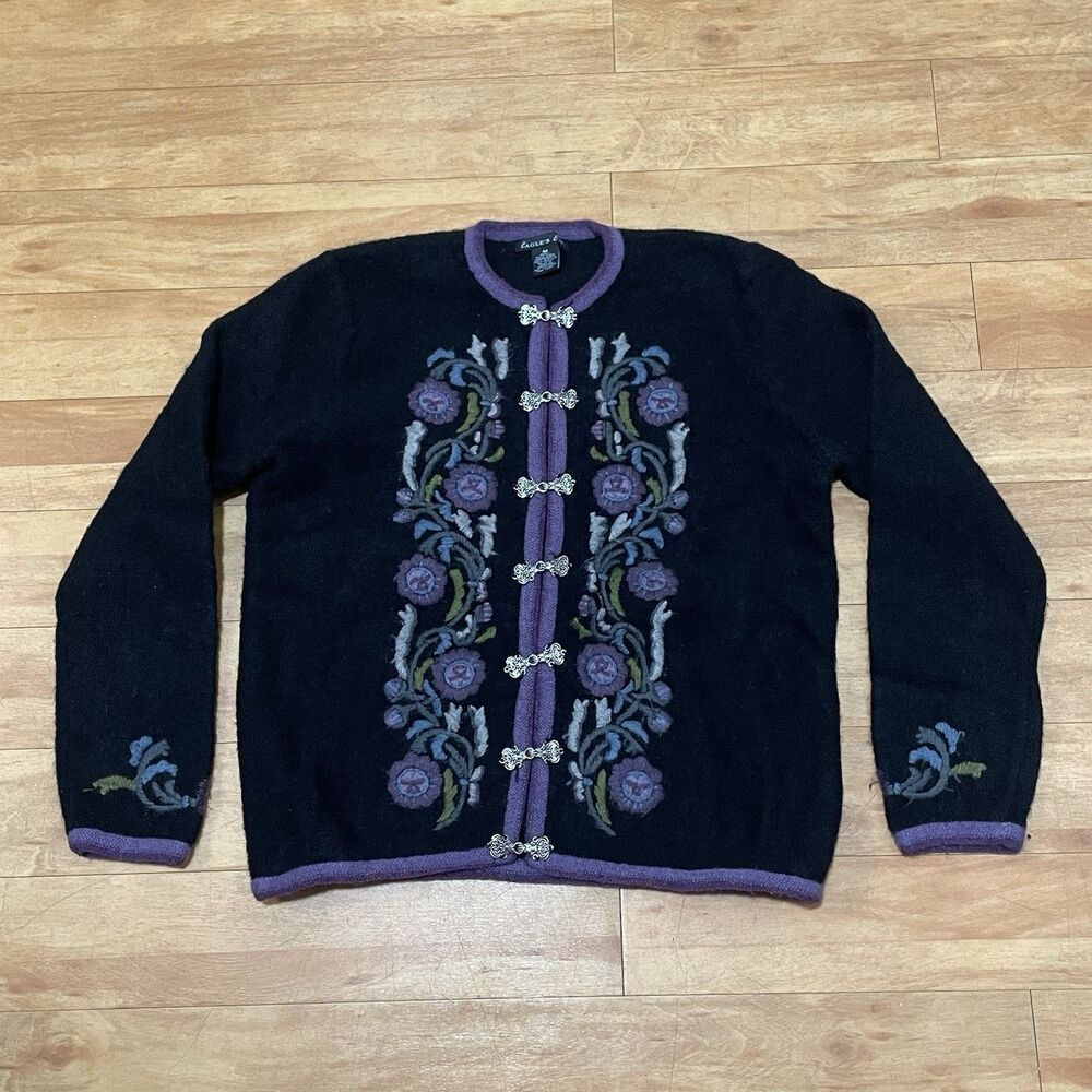 Vintage Eagles Eye Sweater Wool Embroidered Pewter Clasp Cardigan Chunky Cozy